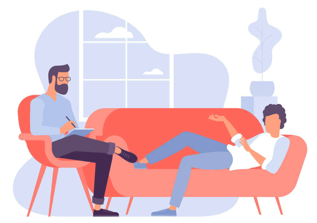 Flat design vector concept for psychotherapy session. Patient with psychologist, psychotherapist office. Psychiatrist session in mental health clinic.